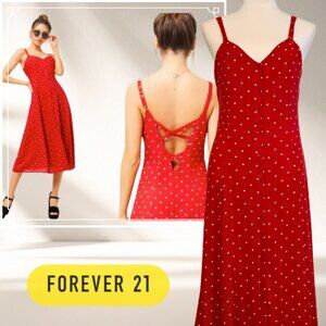 Forever 21 red white polka dot Midi dress cross back sweetheart l m retro 50s